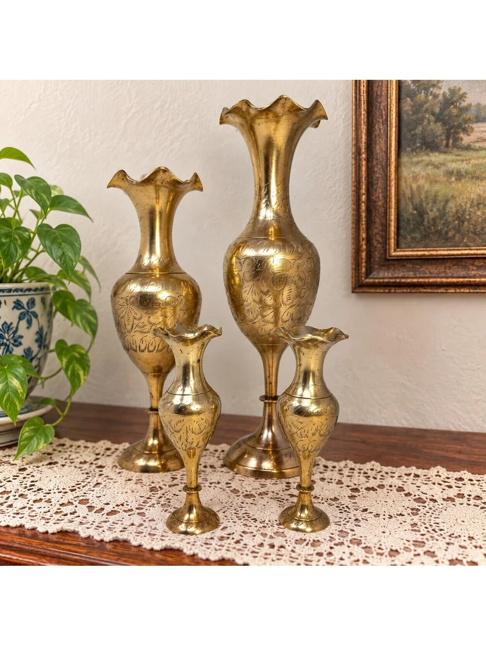 Vintage Indian Brass Vases Set of 4 Etched Floral Graduated Ruffled Rim